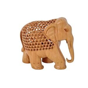 Hand Carved Wooden Elephant Baby Calf Inside Belly 6" Figurine Home Decor Prego